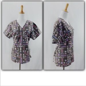 Absolute mock wrap love laugh live floral hearts scrub top size M